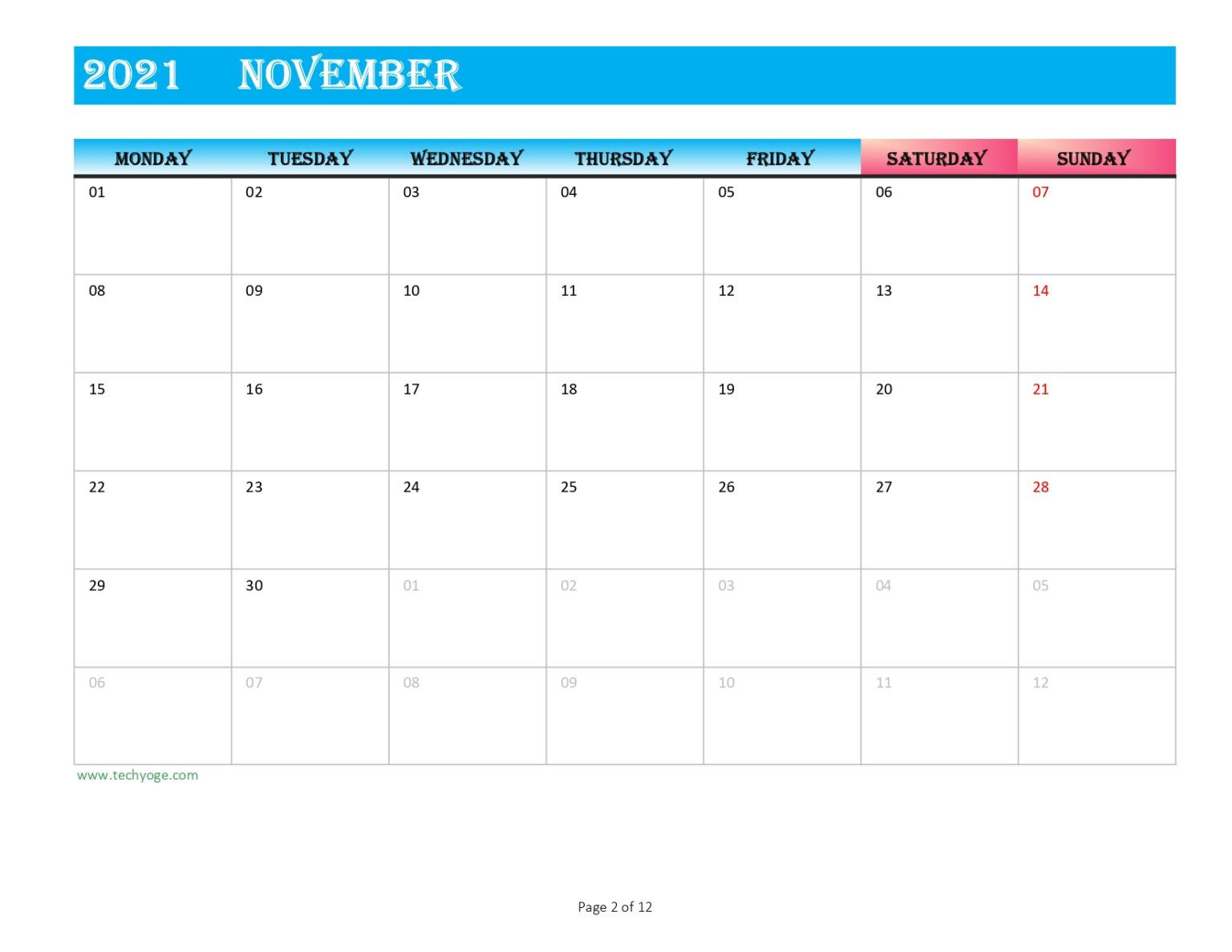 Blank November 2021 Calendar - Techyoge Blank November 2021 Calendar