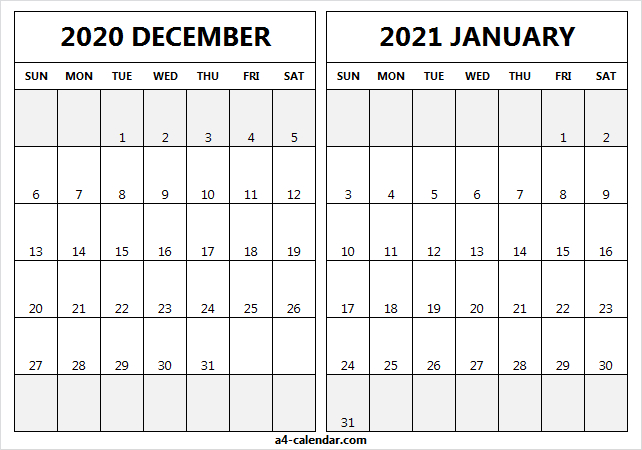 Calendar 2020 December 2021 January Template - A4 Calendar December 2020 January 2021 Calendar Free Printable