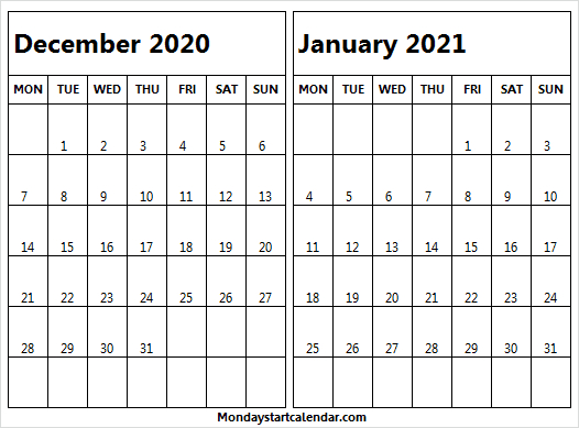 Calendar Dec 2020 Jan 2021 Template - Monthly Calendar December 2020 Jan 2021 Calendar
