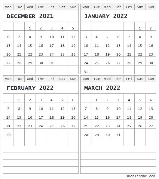 Calendar December 2021 To March 2022 - Cute Blank 2021 Calendar December 2021 And January 2022