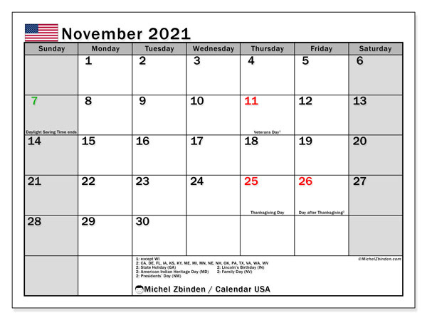 Calendar November 2021 - Usa - Michel Zbinden En November 2021 Calendar With Holidays Printable