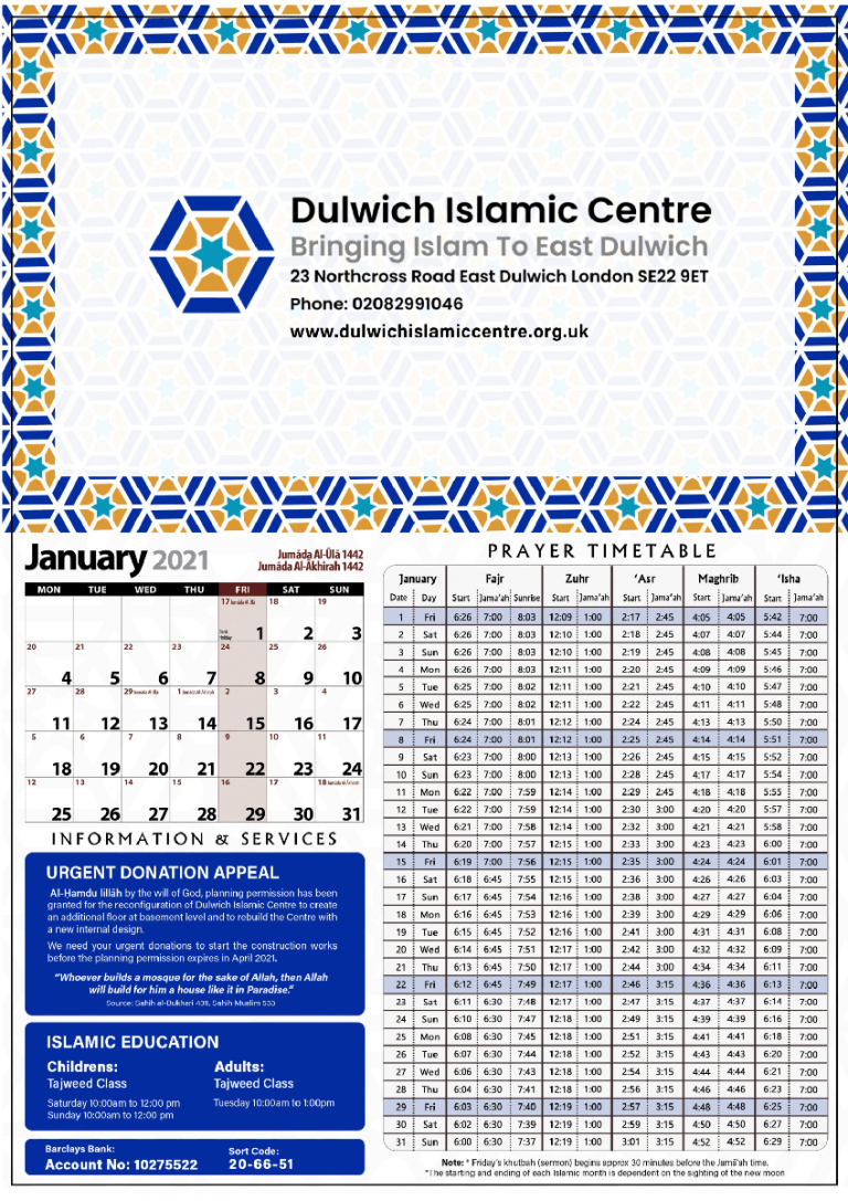 Calendar &amp; Timetable - Dulwich Islamic Centre November 2021 Islamic Calendar