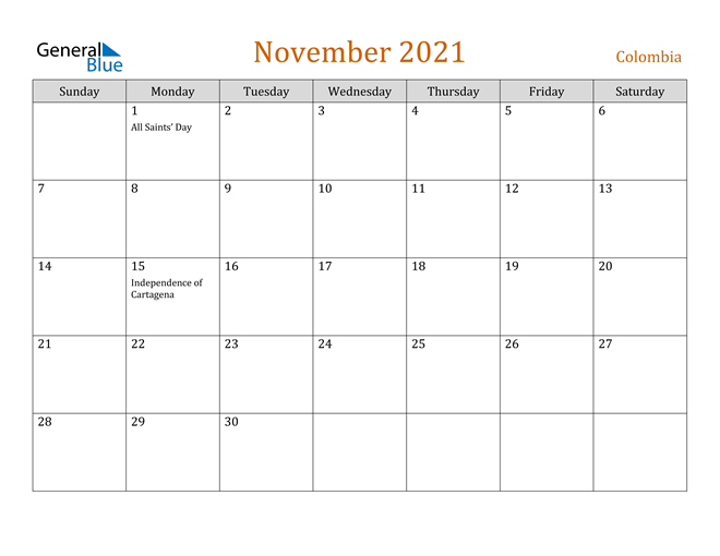 Colombia November 2021 Calendar With Holidays 2021 Ka Calendar November