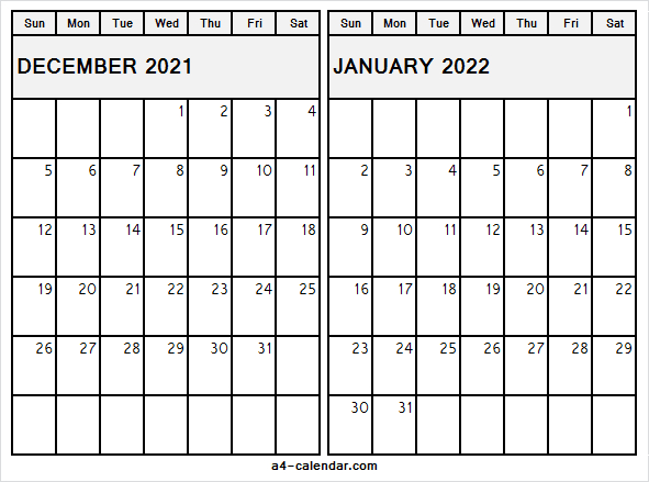 Dec 2021 Jan 2022 Calendar Template - A4 Calendar Calendar December 2021 And January 2022