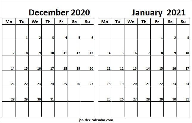 December 2020 And January 2021 Calendar - Printable Printable Calendar For December 2020 And January 2021