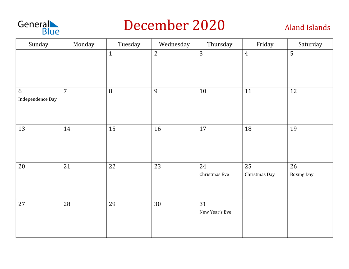 December 2020 Calendar - Aland Islands December 2020 And 2021 Calendar