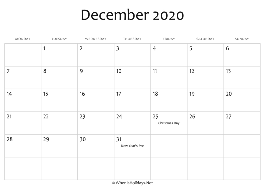 December 2020 Calendar Printable With Holidays December 2020 And January 2021 Calendar With Holidays
