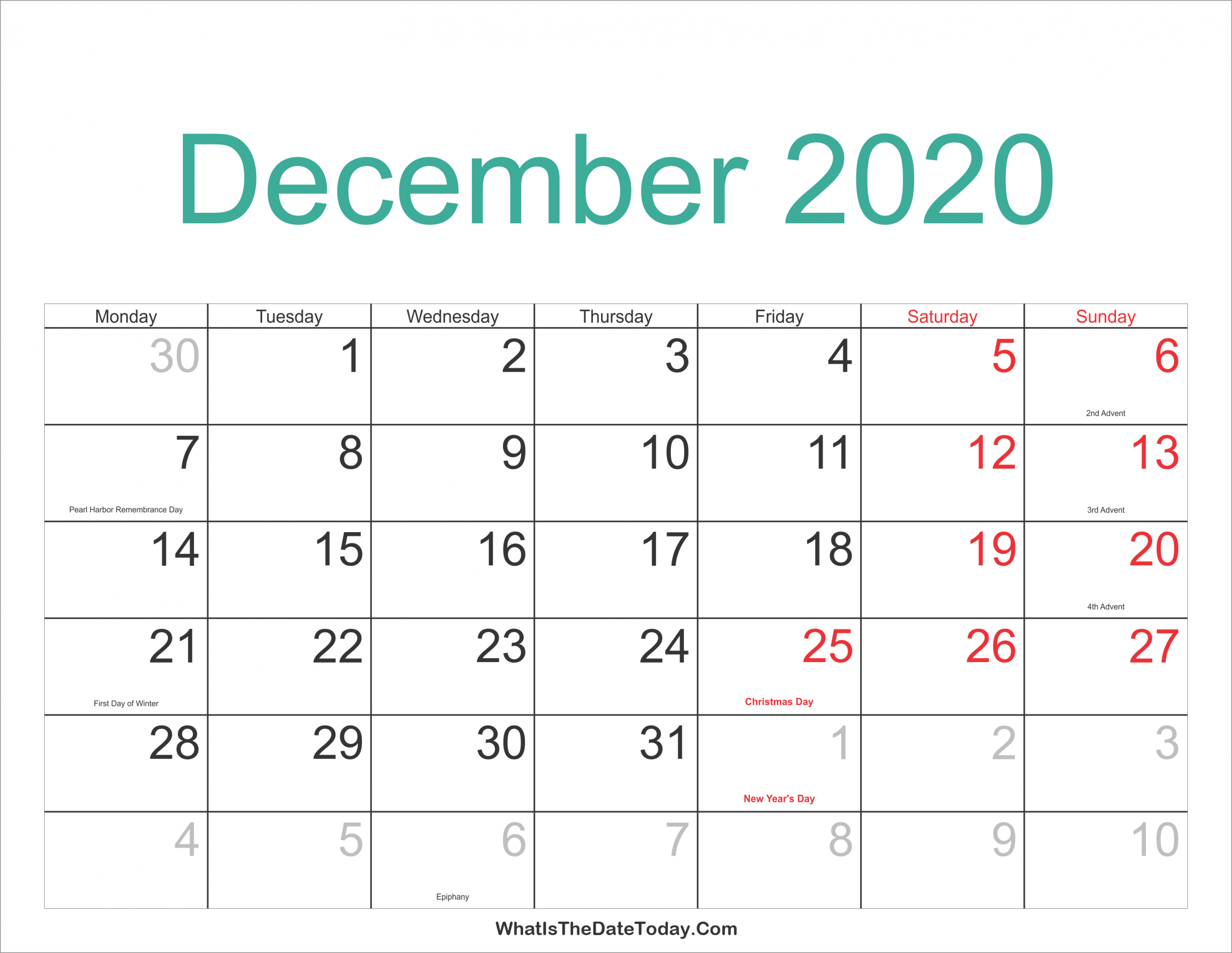 December 2020 Calendar Printable With Holidays | Whatisthedatetoday December 2020 To Feb 2021 Calendar