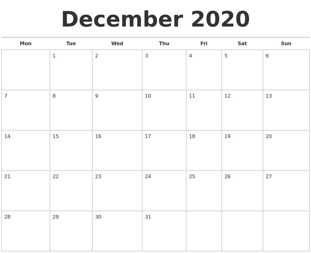 December 2020 Calendars Free 2020 Calendars Free Printable December 2020 January 2021 Calendar Excel