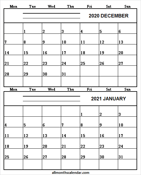 December 2020 January 2021 Calendar A4 Printable - Pinterest January To December 2021 Calendar