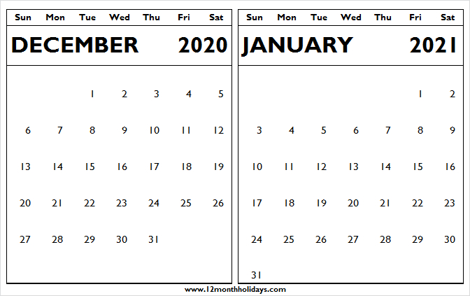 December 2020 January 2021 Calendar Cute | Template To Print December 2020 January 2021 Calendar Excel