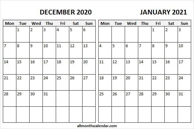 December 2020 January 2021 Calendar Excel - Editable Printable Calendar For December 2020 And January 2021