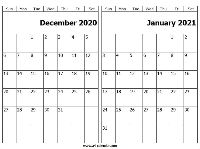 December 2020 January 2021 Calendar Image - A4 Calendar December 2020 To Jan 2021 Calendar