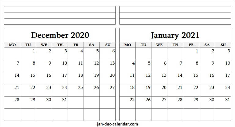 December 2020 January 2021 Calendar Page - Two Month Monthly Calendar December 2020 And January 2021