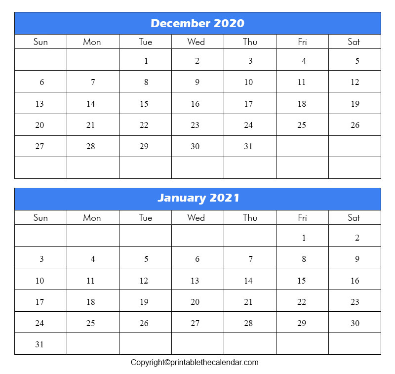 December 2020 January 2021 Calendar | Printable The Calendar Blank Calendar December 2020 January 2021