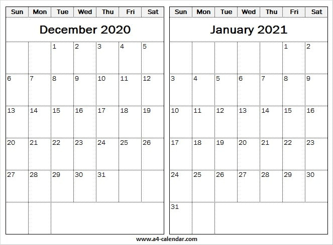 December 2020 January 2021 Calendar Vertical - A4 Calendar Calendar Of December 2020 And January 2021