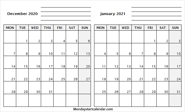 December 2020 January 2021 Calendar With Notes | Excel December 2020 January 2021 Calendar Excel