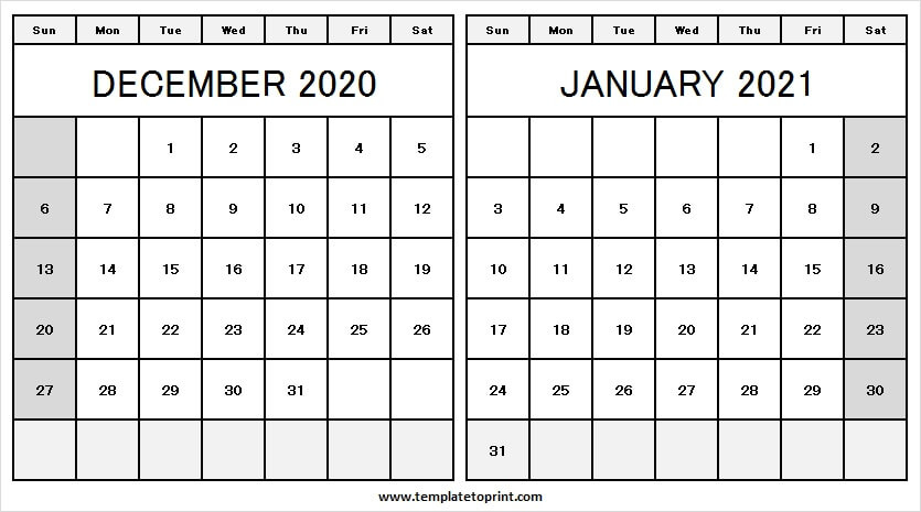 December 2020 January 2021 Calendar Word - Printable December 2020 January 2021 Calendar Template