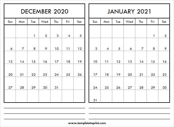 December 2020 January 2021 Printable Calendar - To Do List How Many Days Are In The Month Of December 2021 Calendar