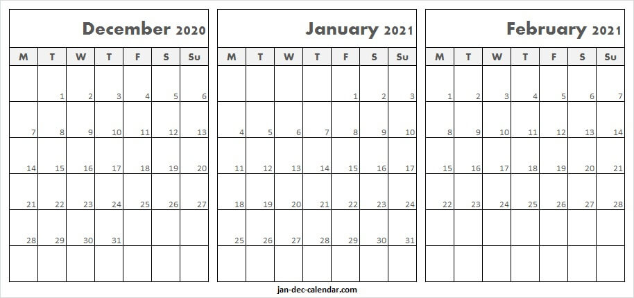 December 2020 January February 2021 Calendar - Printable Blank Calendar December 2020 January 2021