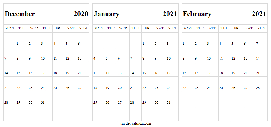 December 2020 January February 2021 Calendar - Printable December 2020 January February 2021 Calendar