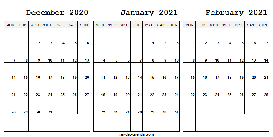 December 2020 January February 2021 Calendar - Printable December To February Calendar 2021