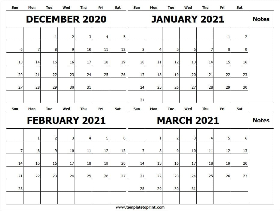 December 2020 To March 2021 Blank Calendar - Editable December 2020 To December 2021 Calendar