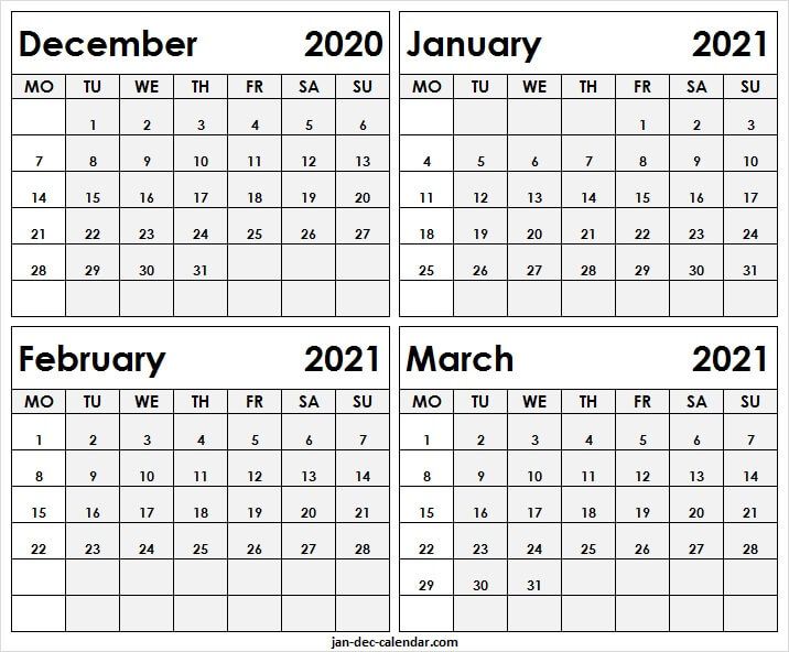 December 2020 To March 2021 Blank Calendar - Four Month Calendar December 2020 To Feb 2021 Calendar