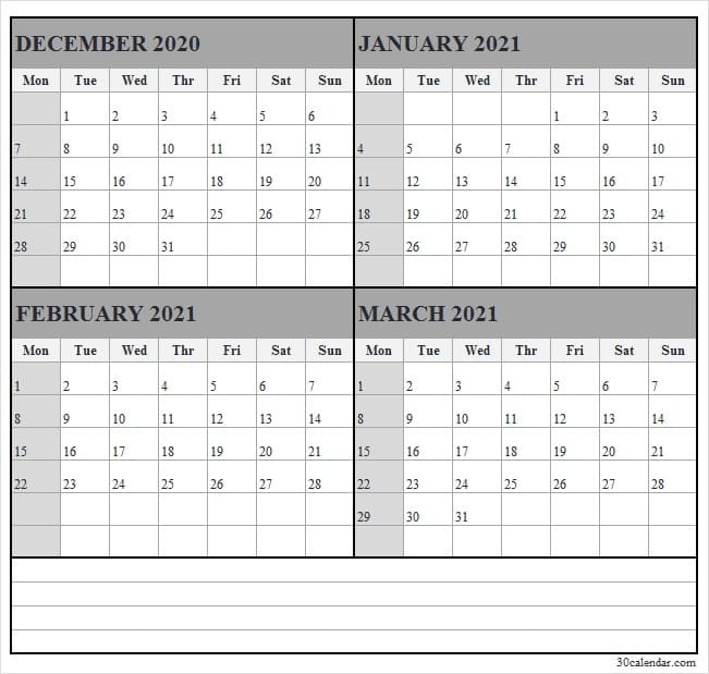 December 2020 To March 2021 Calendar Excel - Editable December 2020 January 2021 Calendar Excel
