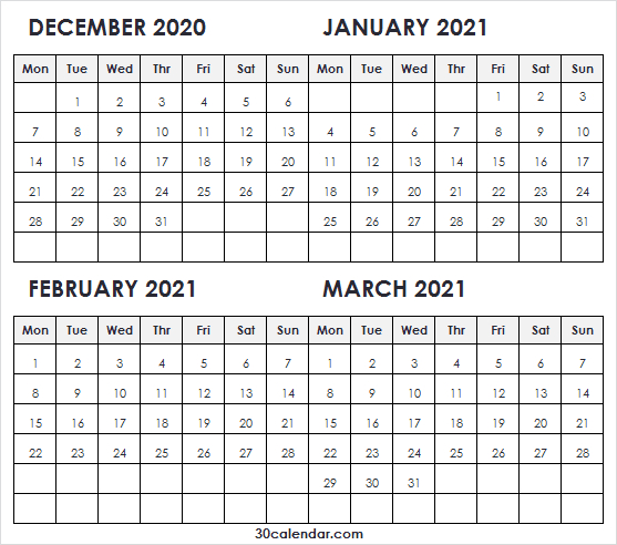 December 2020 To March 2021 Calendar Excel - Editable December 2020 January 2021 Calendar Excel