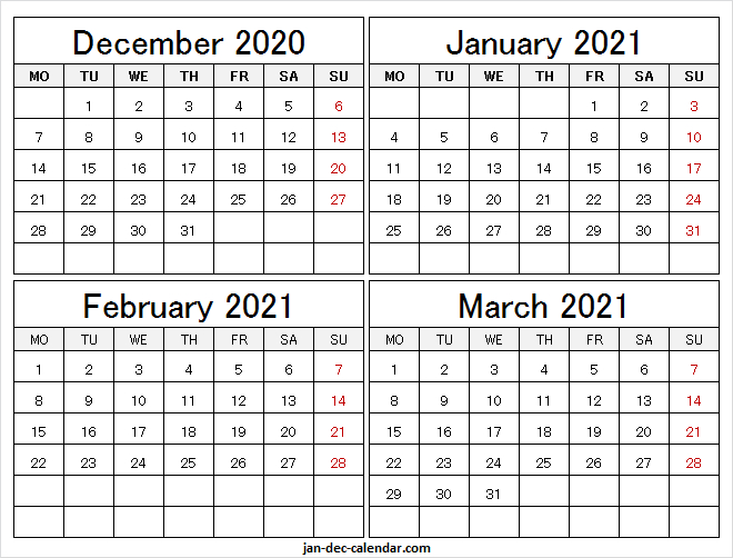 December 2020 To March 2021 Printable Calendar - Blank 2020 December 2021 January Calendar