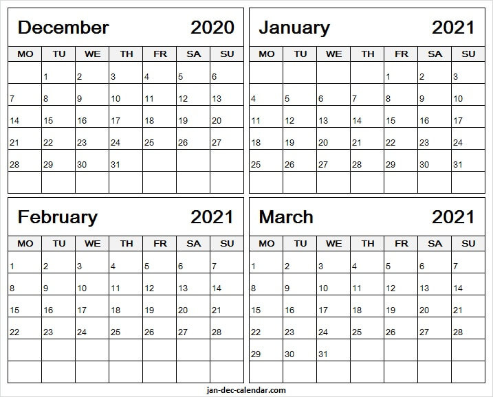 December 2020 To March 2021 Printable Calendar - Blank December 2020 To December 2021 Calendar