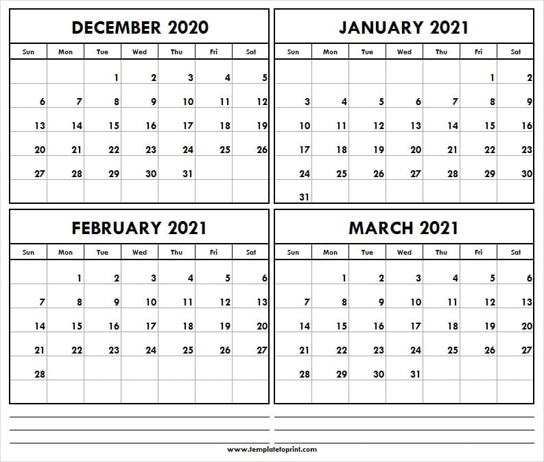 December 2020 To March 2021 Printable Calendar - Four 2021 Calendar With December 2020