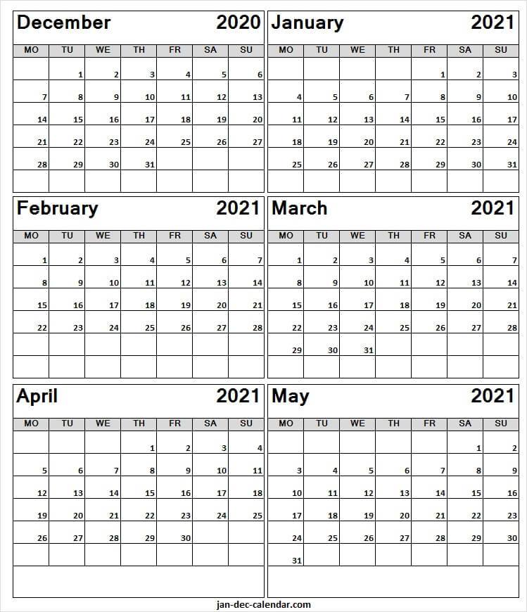 December 2020 To May 2021 Blank Calendar - Month Of Dec 2020 November December 2020 January 2021 Calendar Printable