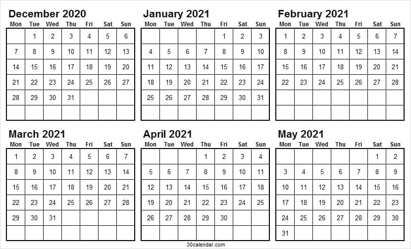 December 2020 To May 2021 Calendar Excel - Editable Templates 2021 Calendar With December 2020