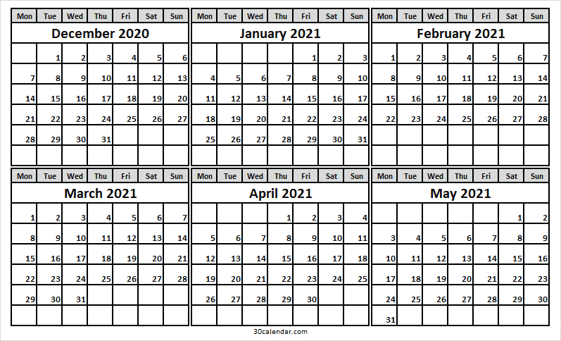 December 2020 To May 2021 Calendar Excel - Editable Templates December 2020 January 2021 Calendar Excel