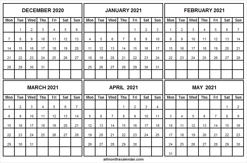December 2020 To May 2021 Calendar Template - Six Month December 2020 And 2021 Calendar
