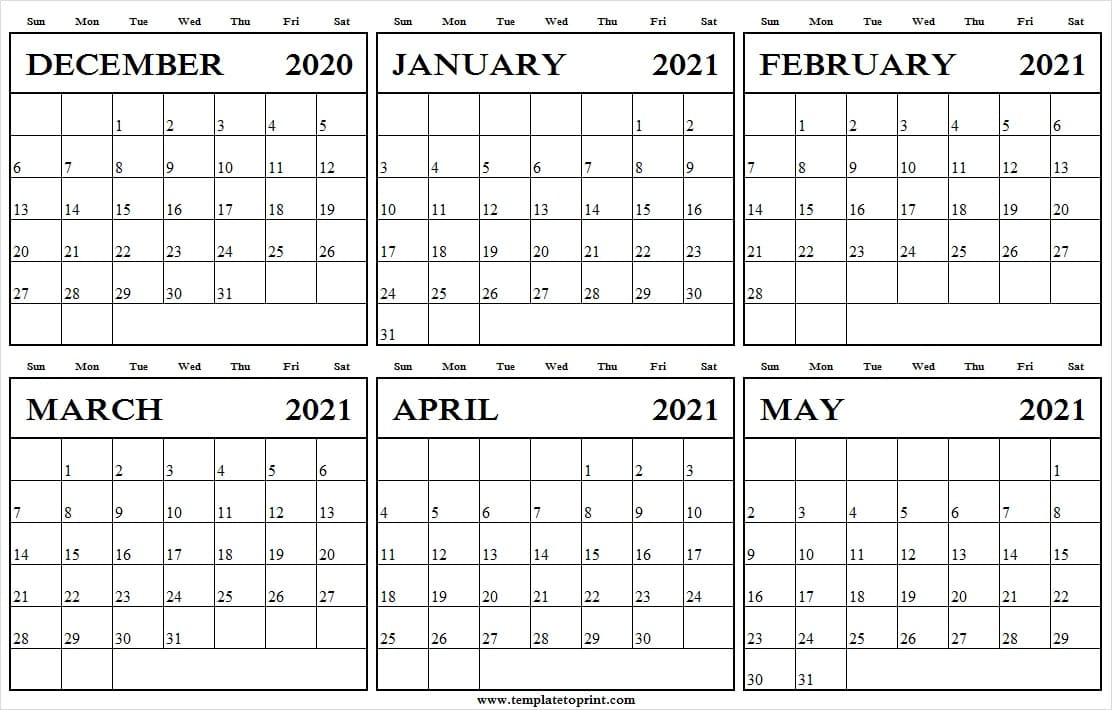 December 2020 To May 2021 Printable Calendar - Blank Monthly Calendar December 2020 And January 2021