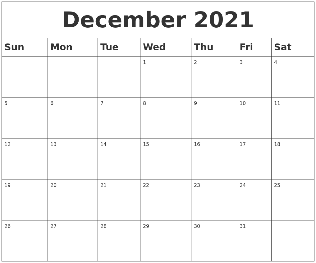 December 2021 Blank Calendar Blank December 2021 Calendar