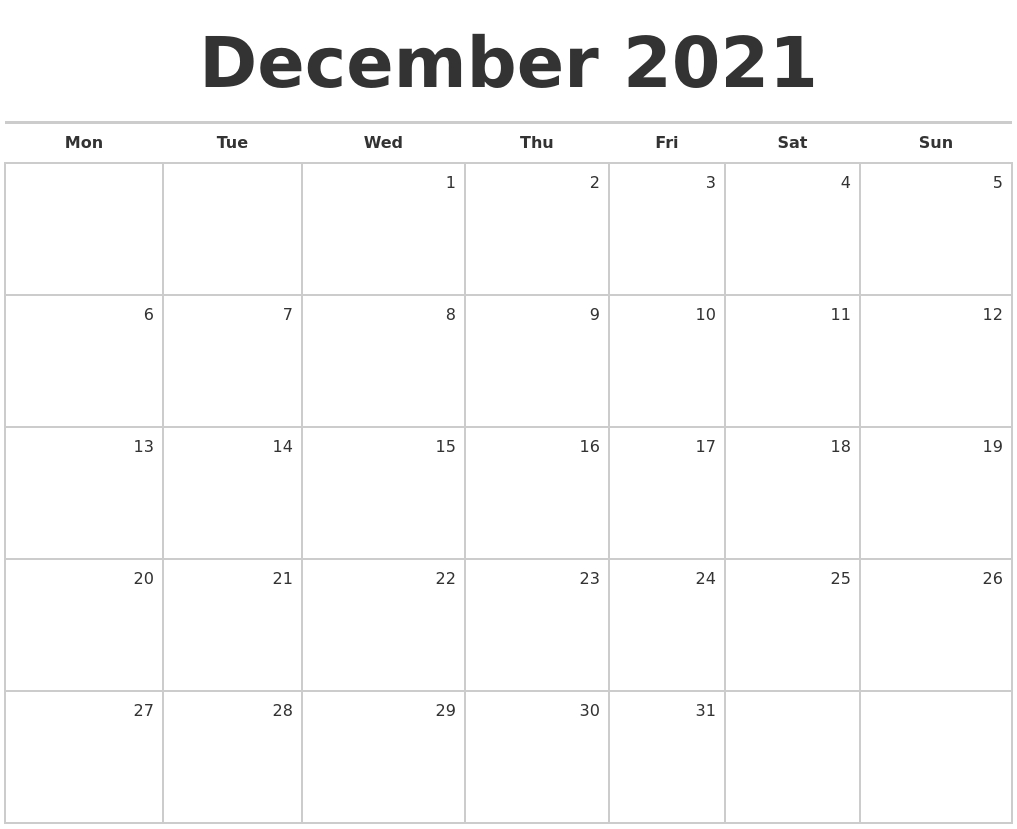 December 2021 Blank Monthly Calendar Blank December 2021 Calendar