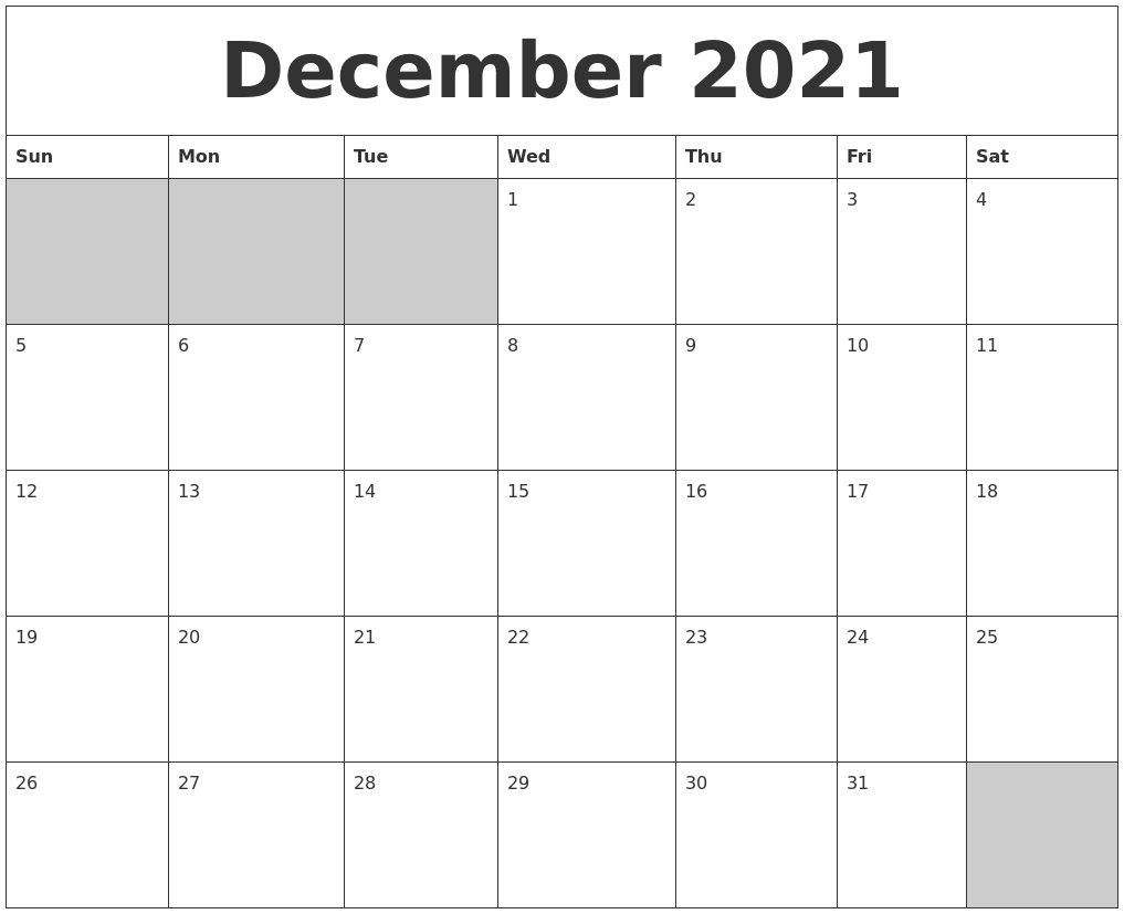 December 2021 Blank Printable Calendar December 2021 Blank Calendar