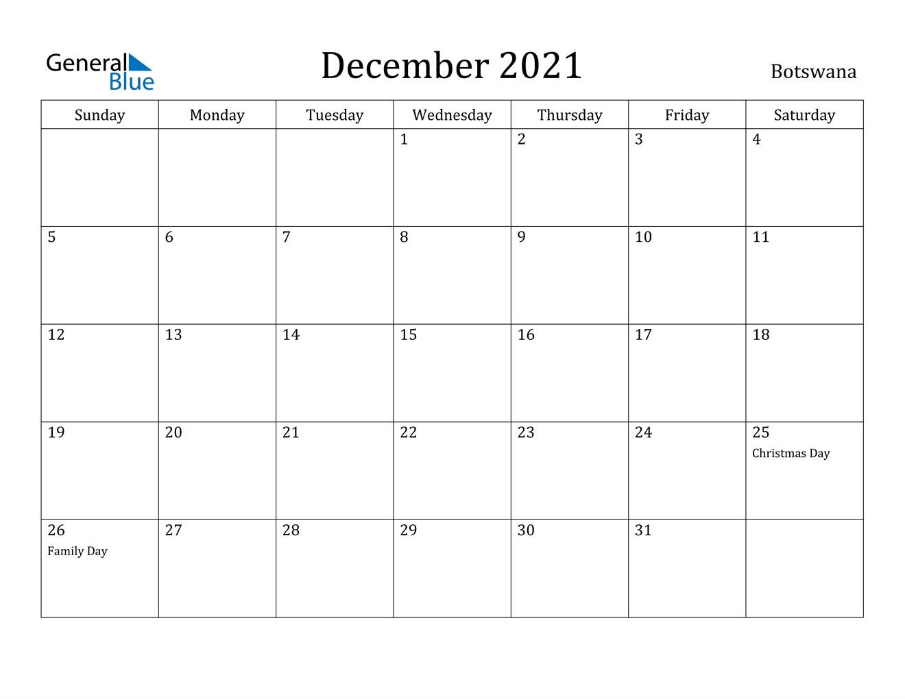 December 2021 Calendar - Botswana November December January 2021 Calendar
