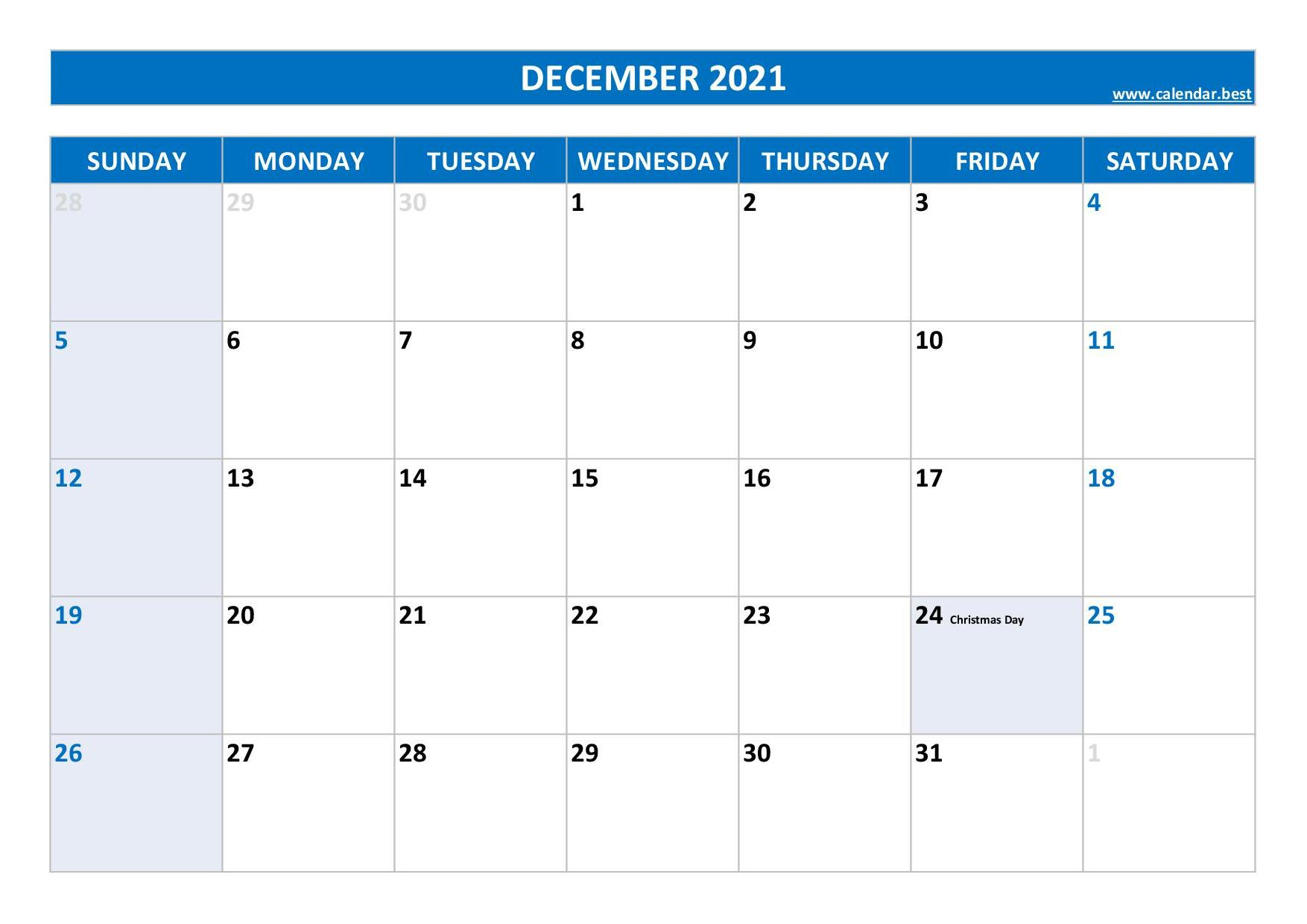 December 2021 Calendar -Calendar.best December 2021 Day Calendar