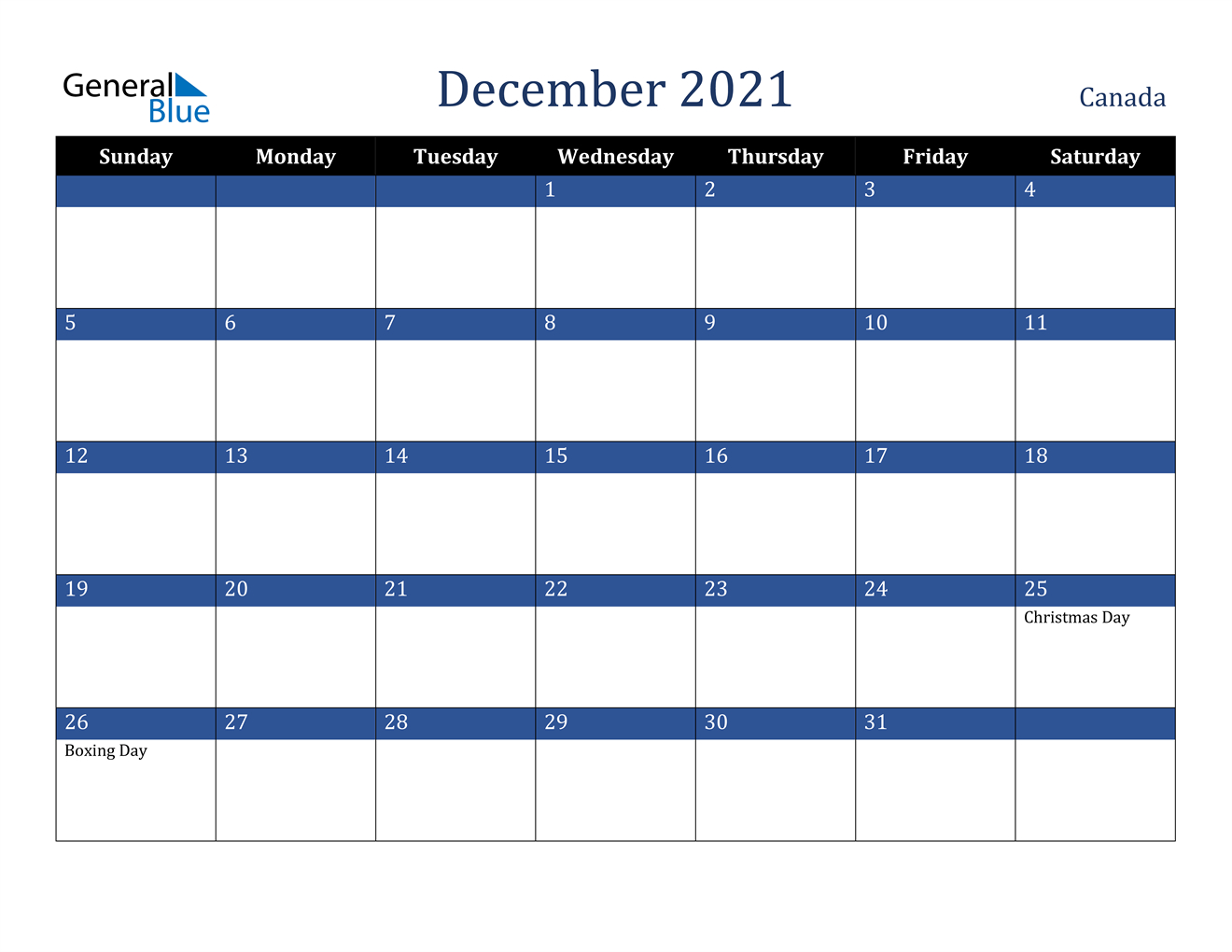 December 2021 Calendar - Canada December 2021 Calendar Image