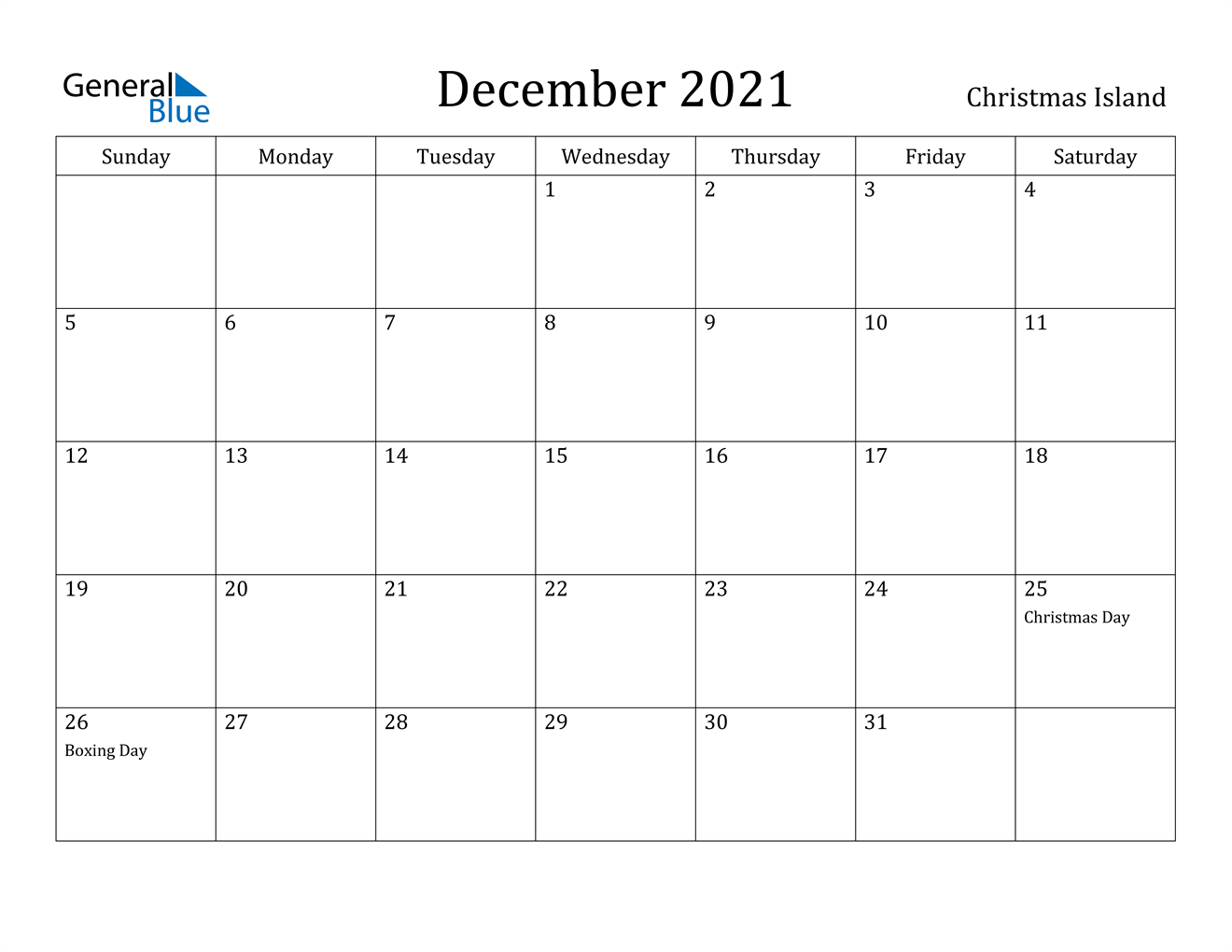 December 2021 Calendar - Christmas Island 2021 Calendar From January To December