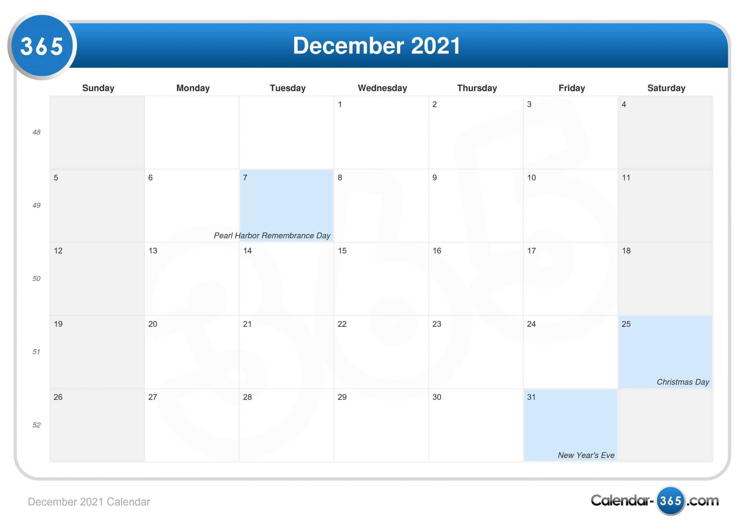 December 2021 Calendar December 2021 Calendar Image