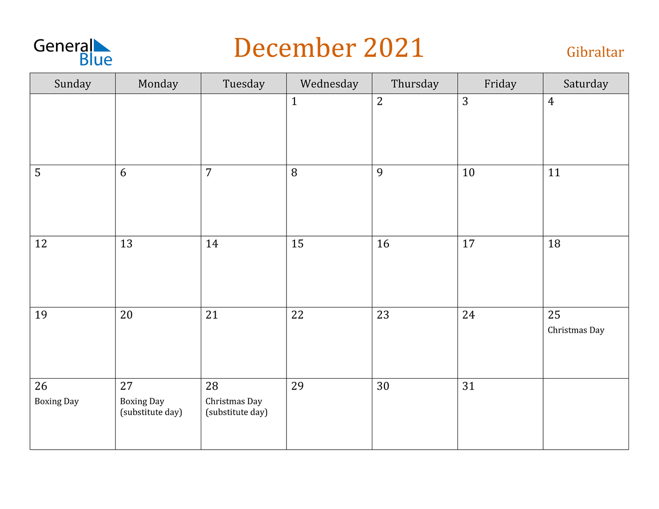 December 2021 Calendar - Gibraltar December Calendar Of 2021