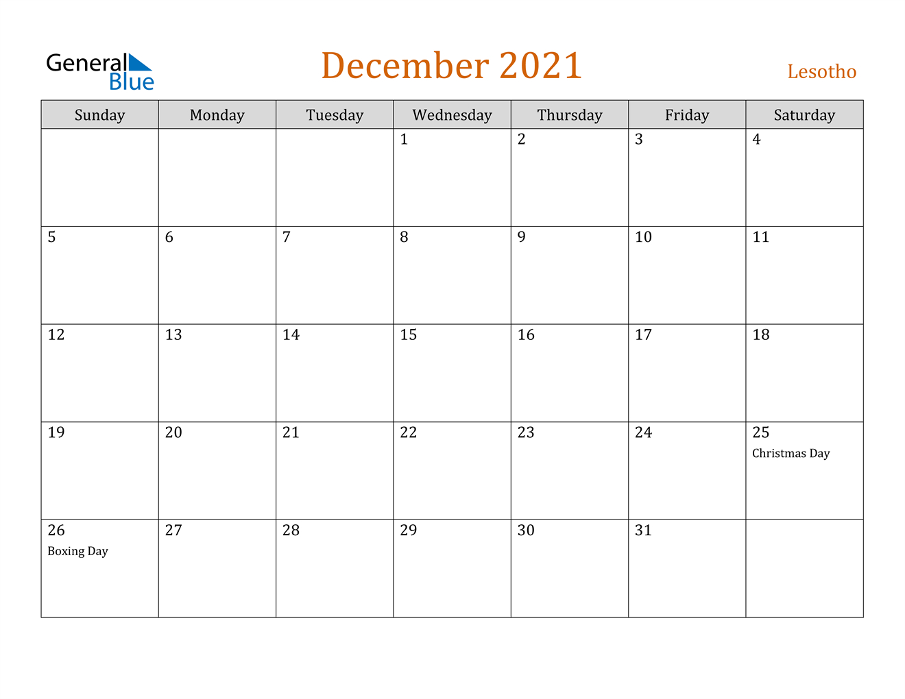 December 2021 Calendar - Lesotho May To December 2021 Calendar