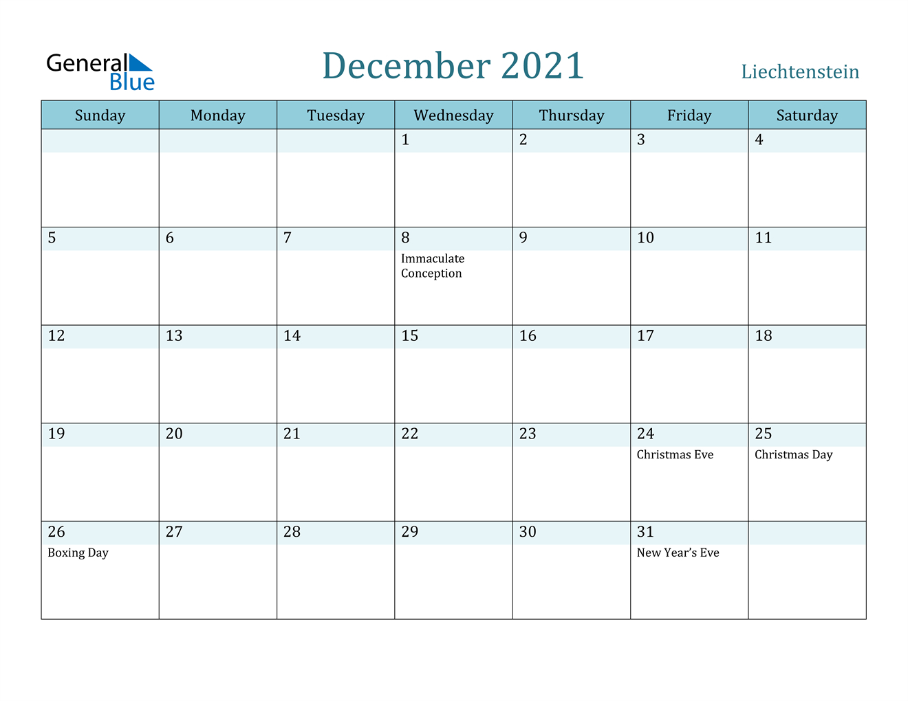 December 2021 Calendar - Liechtenstein December 2021 Monthly Calendar