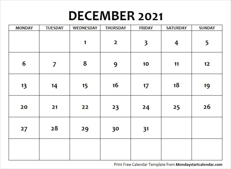 December 2021 Calendar Monday Start | December Month Template December 2021 Calendar Monday Start